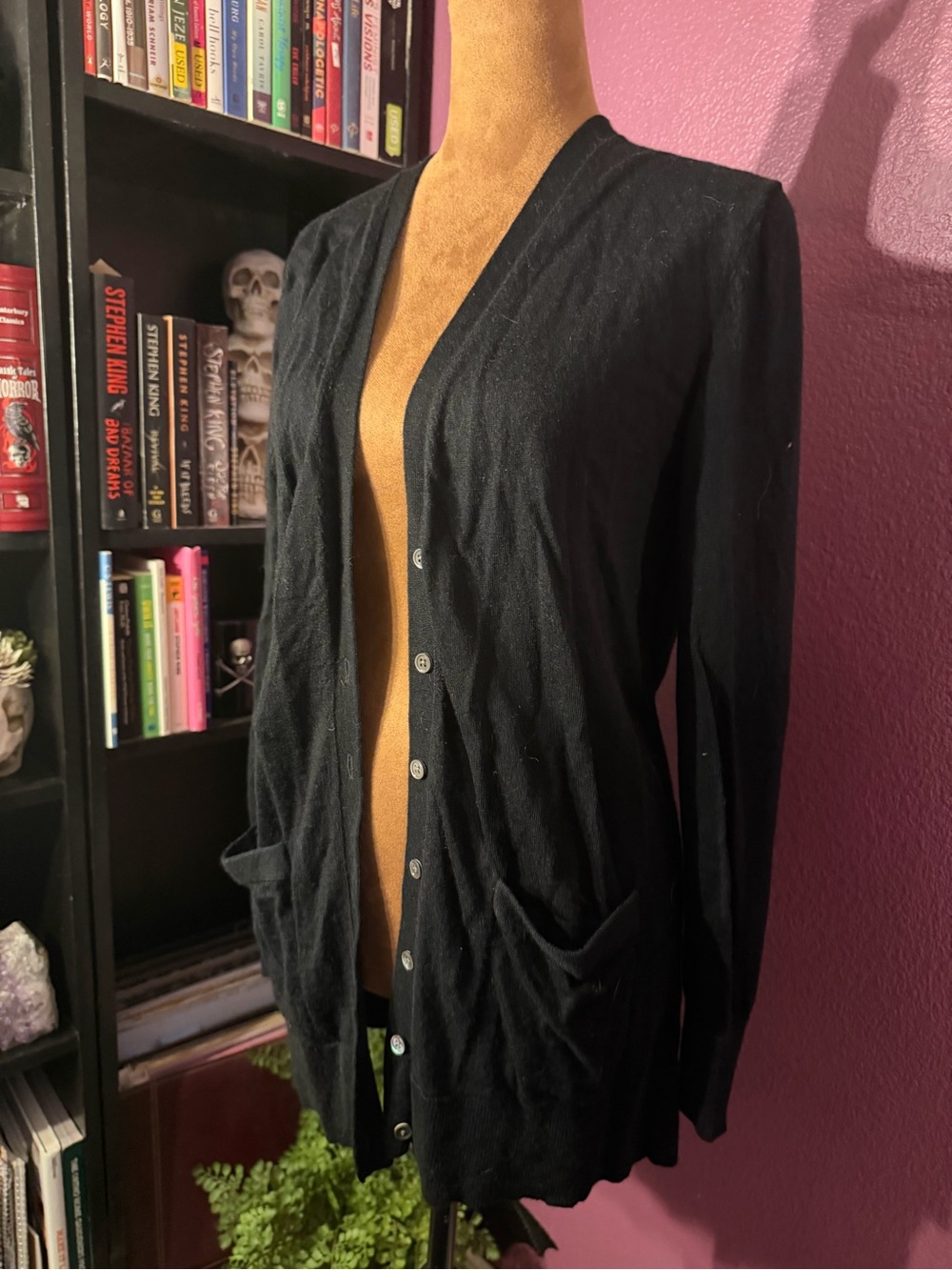 Black Lightweight Button-Front Cardigan Sweater- 100% merino wool